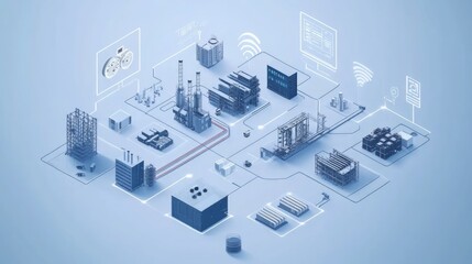 3D Isometric Industrial Digital Landscape with Smart Technology and Data Visualization