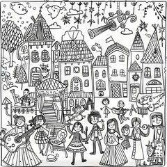 Fototapeta premium Black and white illustration of a whimsical town with people and animals. The illustration has a quirky and fun style.