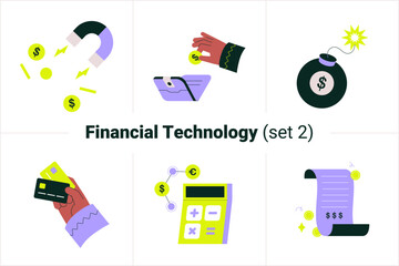 Financial technology illustrations set symbolizing payment invoice, credit cards, financial explosion, coin wallet, money magnet, financial calculator. Vector illustration isolated on white