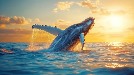 Humpback whale breaching at sunset.