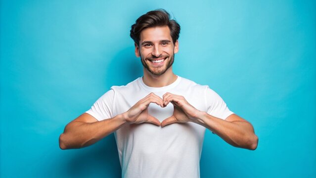 Smiling young man in a white t-shirt making a heart shape with his hands against a bright blue background. His cheerful expression and gesture convey warmth, love, positivity, and happiness in a casua