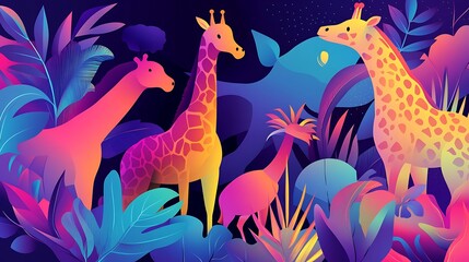 Fototapeta premium A vibrant illustration of giraffes and other animals in a lush tropical jungle setting.