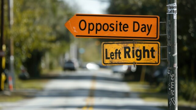 Opposite day street sign contradiction with left right directions on urban road