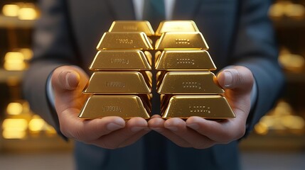 Business Gold Investment Banker holding gold bars, wealth and investment security, 3D illustration