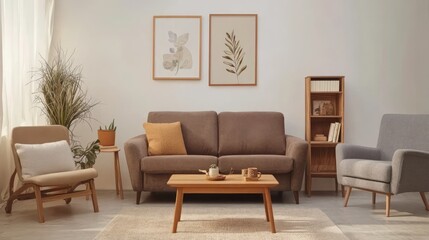 Contemporary Living Room Interior with Cozy Furniture and Nature-Inspired Decor