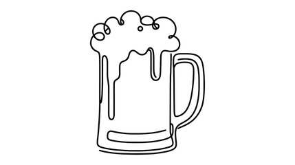 One continuous line illustration of a beer mug with overflowing foam, isolated on white background.