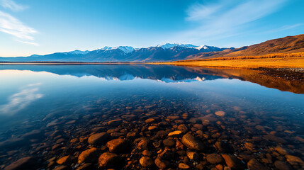 Scenic view of mountains reflecting in a calm lake with clear blue sky.