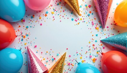 Copy space surrounded by confetti canons, neon balloons, hats