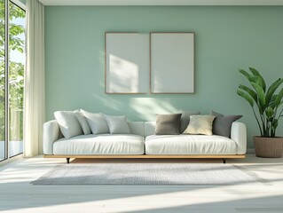 Minimalist family room with mint walls, a single statement artwork, and functional furniture for a clean, fresh feel