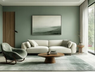 Minimalist family room with mint walls, a single statement artwork, and functional furniture for a clean, fresh feel