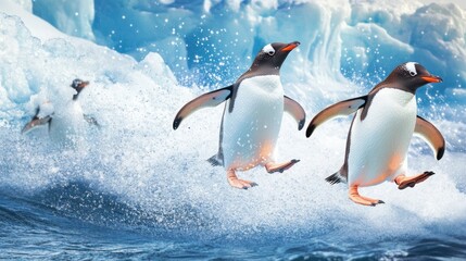 Fototapeta premium Three penguins jumping out of the water in front of a large iceberg.