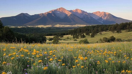 A field of wildflowers in the foreground with a mountain range in the distance at sunset.