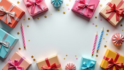 Copy space surrounded by birthday cards, gift bows, swirl candles