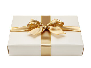 Elegant white gift box with a golden ribbon and bow.