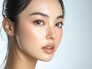 Naklejka premium A Beautiful Asian Woman Close up on her face on white background