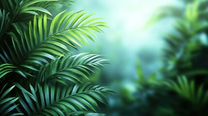 Lush green palm leaves in a tropical forest setting with a soft, hazy background.