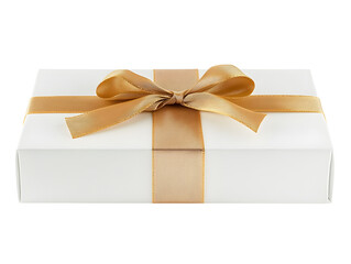 A white gift box with a golden ribbon and bow. Perfect for any special occasion.