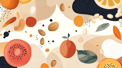 Abstract background with fruits, nuts, and leaves in warm colors.