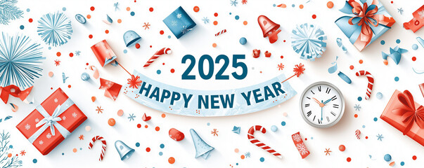 Obraz premium Festive 2025 New Year banner with decorations, gifts, clock, and confetti in vibrant red and blue colors, celebrating new beginnings.