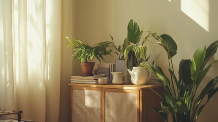 Cozy Indoor Plants on Wooden Cabinet in Serene Living Space