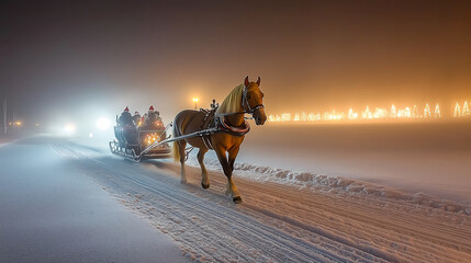 Obraz premium A horse-drawn sleigh travels through a snowy landscape illuminated by distant lights