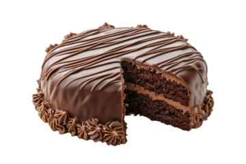 Delicious chocolate cake with rich frosting and a slice removed, served alongside a hot cup of coffee on a clean white background