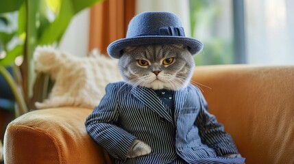 A gray cat wearing a blue suit and hat sits on an orange couch.