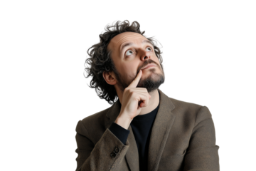 A curious man in a brown jacket contemplates deeply while looking upwards, lost in thought in a minimalistic setting