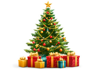 A beautifully decorated Christmas tree with a golden star on top stands tall, surrounded by brightly wrapped presents. The festive colors and twinkling lights create a magical atmosphere.