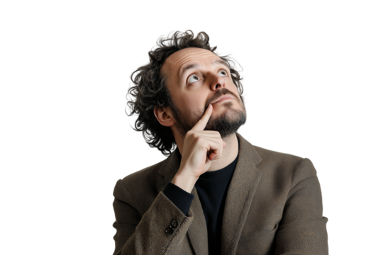 A curious man in a brown jacket contemplates deeply while looking upwards, lost in thought in a minimalistic setting - Powered by Adobe