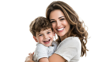Happy mother joyfully hugging her son in a bright indoor setting, creating cherished memories together