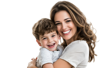 Happy mother joyfully hugging her son in a bright indoor setting, creating cherished memories together