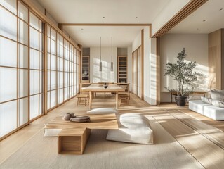 Minimalist Japanese dining room with white walls, wooden floors, and natural lighting