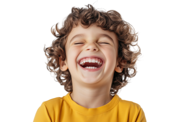 A joyful child with curly hair laughs heartily, expressing pure happiness in a bright setting