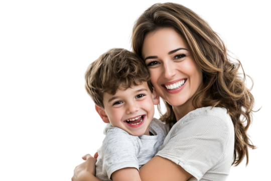 Happy mother joyfully hugging her son in a bright indoor setting, creating cherished memories together