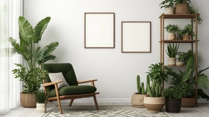 Cozy Green Living Space with Plant Decor and Blank Frames