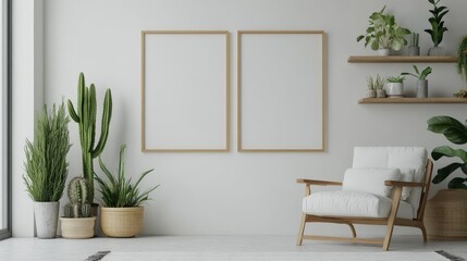 Minimalist Interior with Blank Frames and Indoor Plants