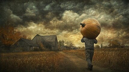 A man walks down a country road with a giant pumpkin on his back. The sky is dramatic and full of clouds. There are farm buildings in the background.