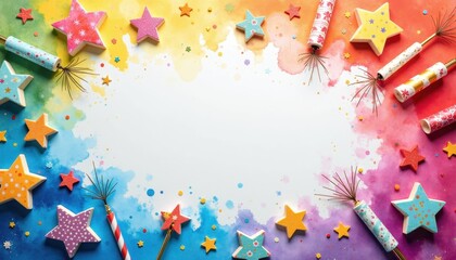Middle copy space framed by sparklers, crackers, and star cake toppers to capture a lively, festive feel.