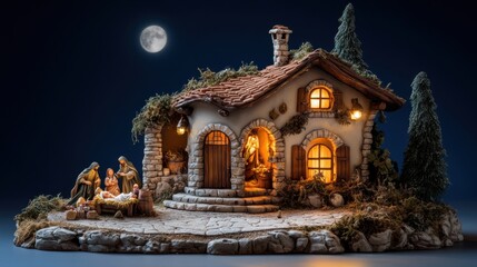 Fototapeta premium Nativity Scene Display with Traditional Figures and House