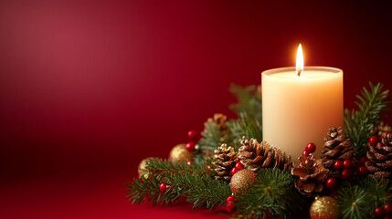 Christmas decoration with a burning candle on red background