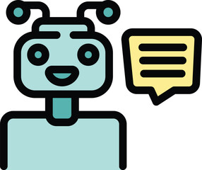 Smiling and cute robot is talking with a speech bubble, giving information and chatting