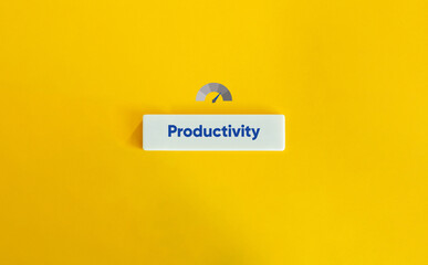 Productivity Word and Concept Image. Efficiency of Production, Measure of Performance. Icon and Text on Block Letter Tile on Yellow Background. Minimal Aesthetic.