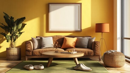 Modern Living Room with Yellow Walls and Stylish Furnishings