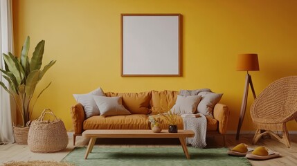 Cozy Living Room with Yellow Accent Wall and Modern Decor