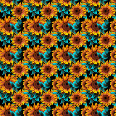 Neon Sunflower Seamless Pattern with Vibrant Yellow and Teal Flowers