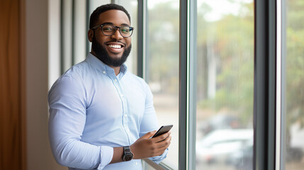 Athletic young African American man in casual blue shirt and glasses using smartphone while smiling by a large window with copy space