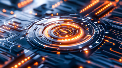 A vivid holographic interface shows glowing patterns and symbols, highlighting advanced tech in a futuristic setting