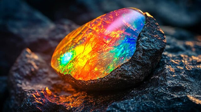 A colorful opal rests on a dark, rough rock
