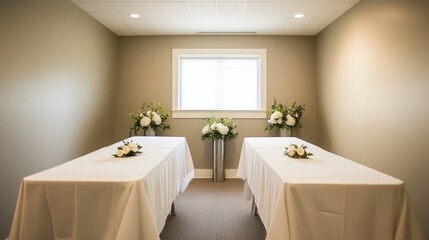 A small, simple room with two tables, white linens, and white flower arrangements on each side of a window.